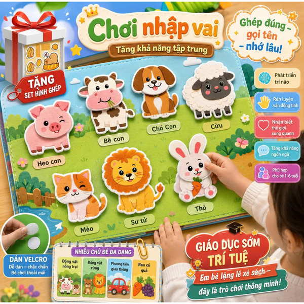 Sách xé dán 3D động vật, đồ chơi giáo dục sớm Khai Sáng cho trẻ nhiều chủ đề