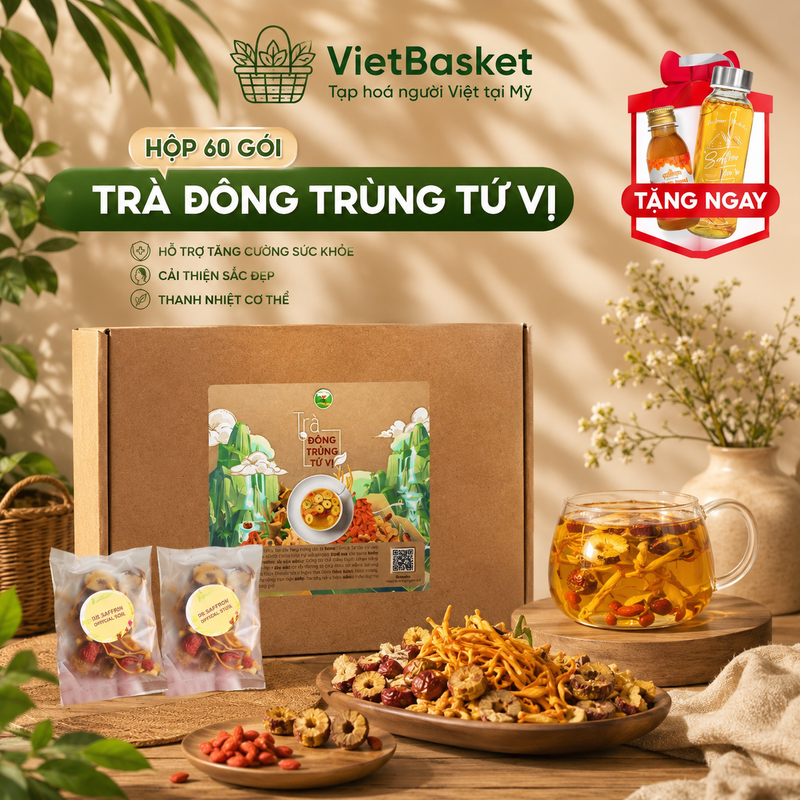 Trà Đông Trùng Tứ Vị Mộc Hương Sơn – Trà Thảo Mộc, Quà Tặng Sức Khỏe Hộp 30 gói kèm quà tặng