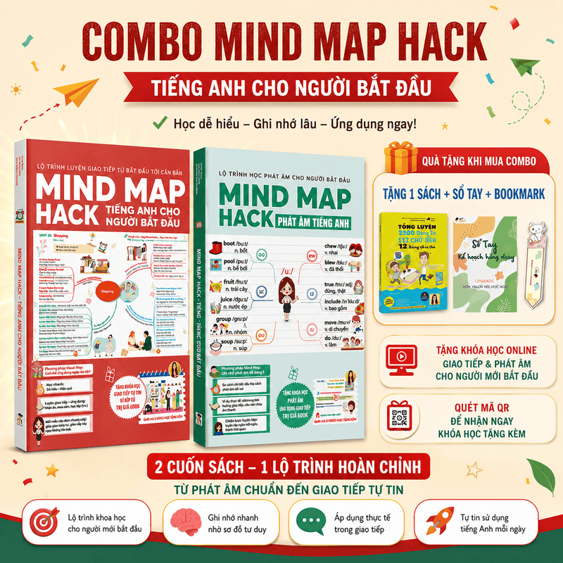 [TẶNG KHOÁ HỌC ĐỘC QUYỀN] Combo Làm Chủ Giao Tiếp: Sách Mindmap Giao Tiếp + Hack Phát Âm Tiếng Anh Cho Người Mới Bắt Đầu