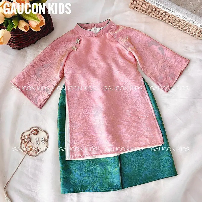 [Tặng Bờm Ngọc] Áo Dài Diệu Lam 4 Tà Cho Bé Gái Chất Liệu Tơ Ánh Kim Cao Cấp (AD186)