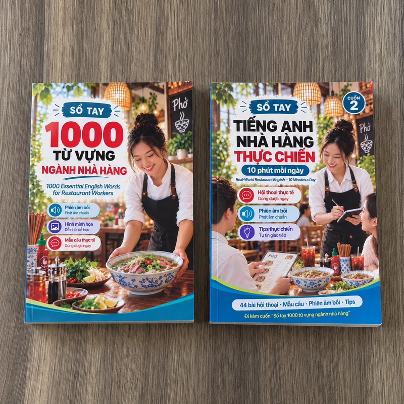[Tặng File Nghe] COMBO SỔ TAY GIAO TIẾP TIẾNG ANH NGÀNH NHÀ HÀNG – TỰ TIN GIAO TIẾP VỚI KHÁCH MỸ (Từ vựng + Giao tiếp thực chiến)