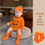[Tặng kèm Mũ + Tất] Bodysuit Bí Ngô Halloween dài tay tặng kèm mũ và tất Cam cho bé trai bé gái từ 4-14kg