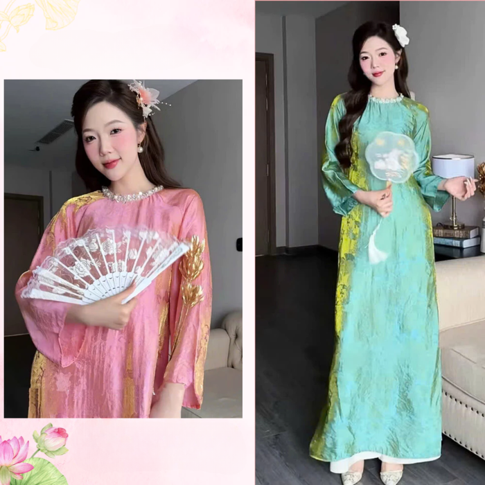 Áo dài dáng suông TƯỜNG XUÂN cổ ngọc tay loe (AK22), áo chất lụa tơ ánh kim nhăn tự nhiên Áo dài Thanh Hiền