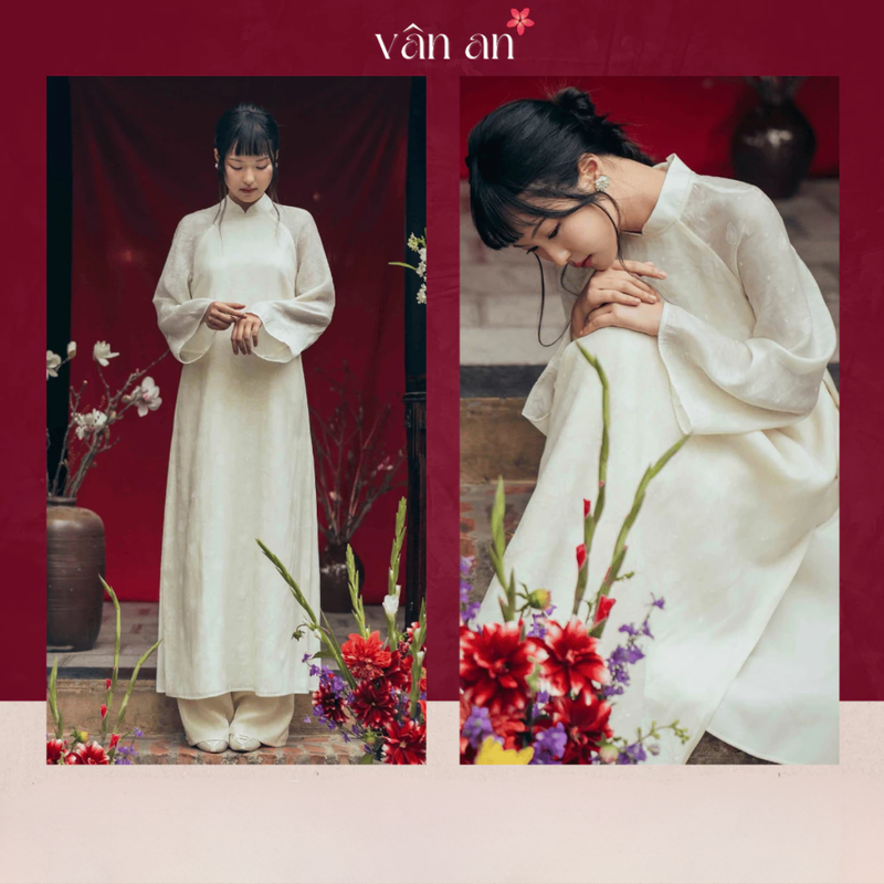 Áo Dài THƯỜNG XUÂN - Thiết Kế 4 Tà, Chất Liệu Tơ Crep In Hoạ Tiết Chìm