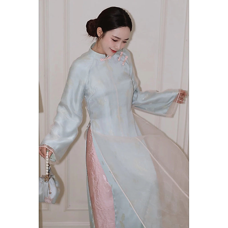 Áo Dài LIÊN HOA form 4 tà suông hoạ tiết hoa sen phối voan trẻ trung - charm cách điệu phù hợp cho nhiều dịp