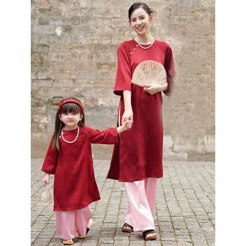 Áo Dài Mẹ Và Bé Fom Xuông Cách Tân Chất Lụa Ngọc Trai Cao Cấp Cúc Vai,Tặng Kèm Bờm Nhún