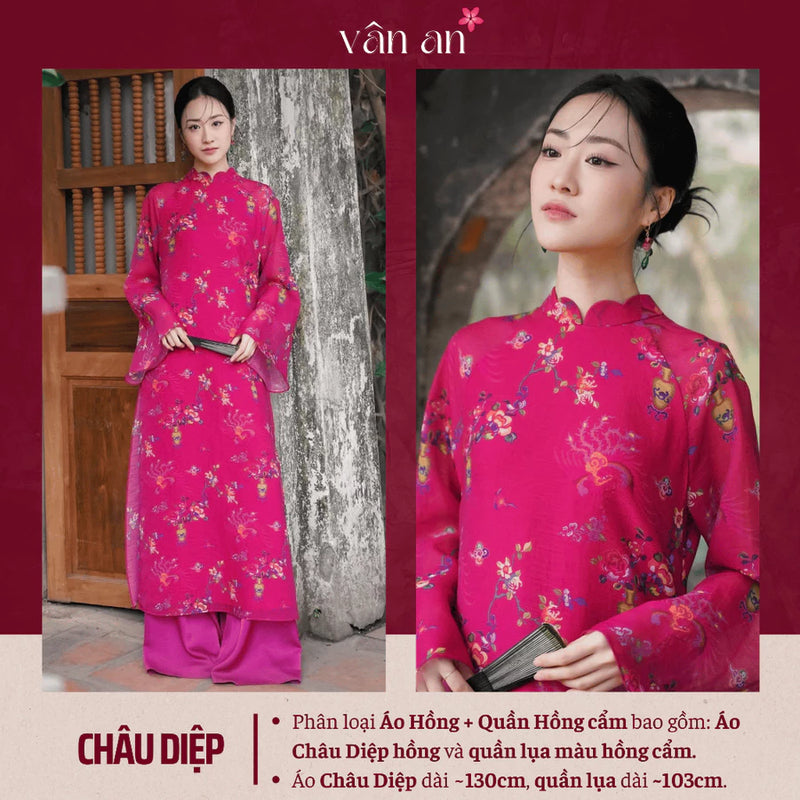 Áo Dài CHÂU DIỆP - Dáng Dài, Tay Dài Với Thiết Kế 4 Tà - Chất Liệu Tơ Premium In Hoạ Tiết