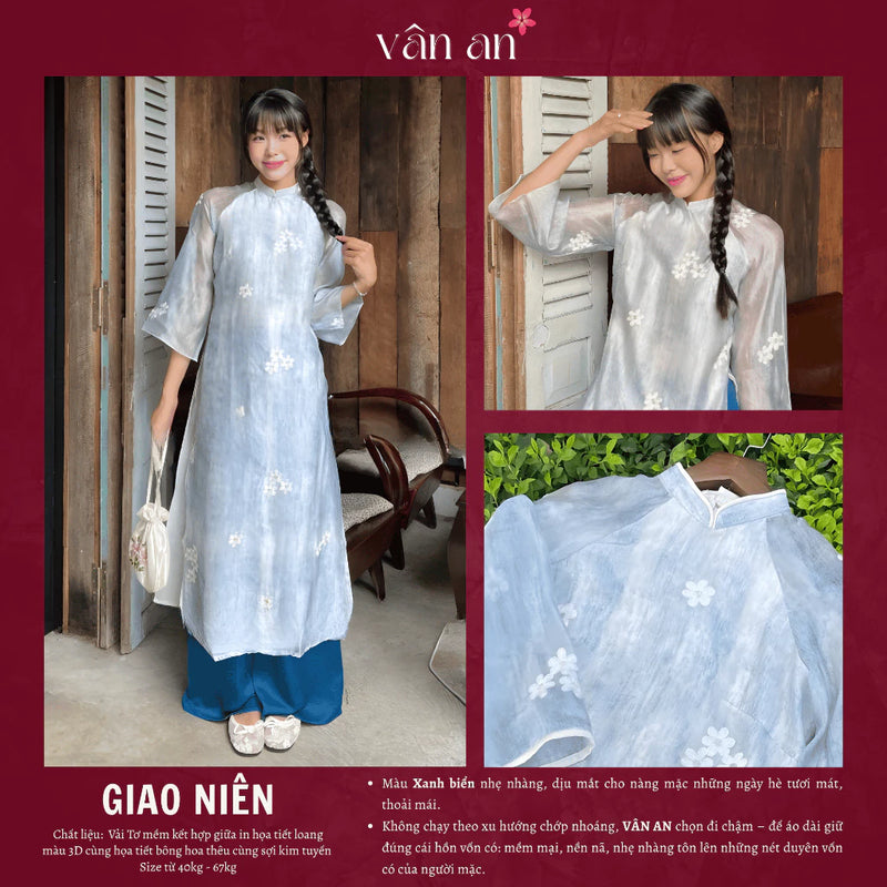 Áo Dài GIAO NIÊN - Dáng Suông, Tay Lỡ Với 4 Tà - Chất Liệu Tơ Thêu Hoạ Tiết