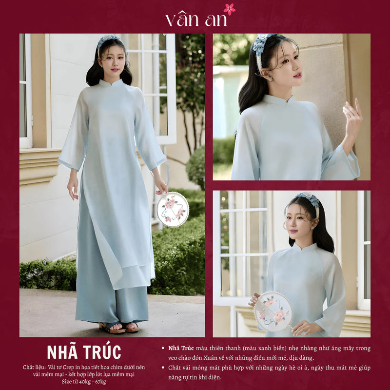 Áo Dài NHÃ TRÚC - Dáng Suông 4 Tà - Chất Liệu Tơ Crep In Hoạ Tiết Hoa Chìm Cao Cấp