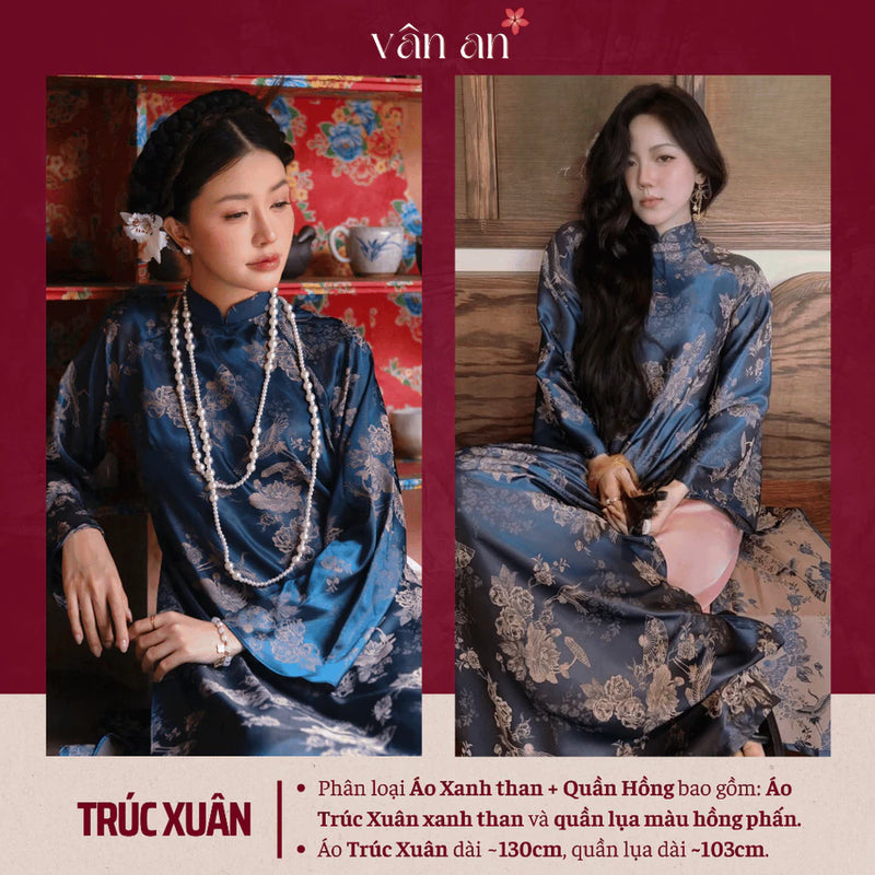 Áo Dài TRÚC XUÂN - Cách Tân Dáng Dài, Tay Dài - Chất Liệu Gấm Tơ In Hoạ Tiết Chim Hồng Hạc