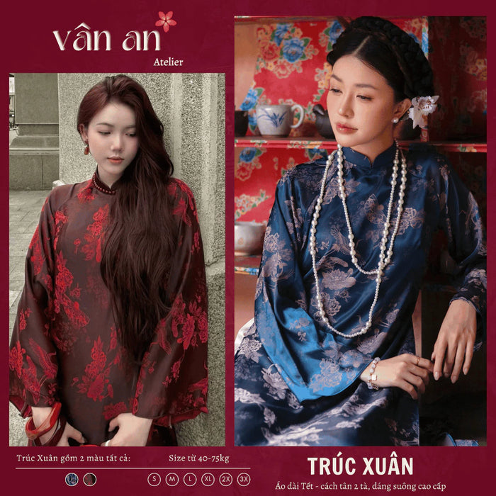 [Freeship] Áo Dài TRÚC XUÂN - Cách Tân Dáng Dài, Tay Dài - Chất Liệu Gấm Tơ In Hoạ Tiết Chim Hồng Hạc
