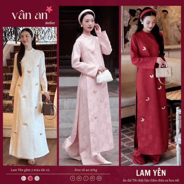 [Freeship] Áo Dài LAM YÊN - Dáng Suông, Tay Dài - Chất Liệu Gấm Châu Sa Dệt Hoa Nổi, Đính Charm Trên Tà Áo