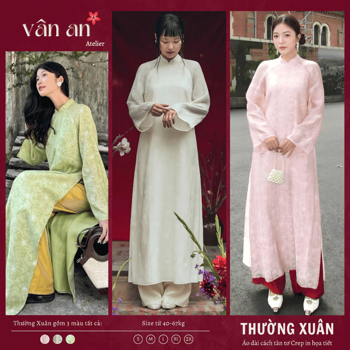 [Freeship] Áo Dài THƯỜNG XUÂN - Thiết Kế 4 Tà, Chất Liệu Tơ Crep In Hoạ Tiết Chìm
