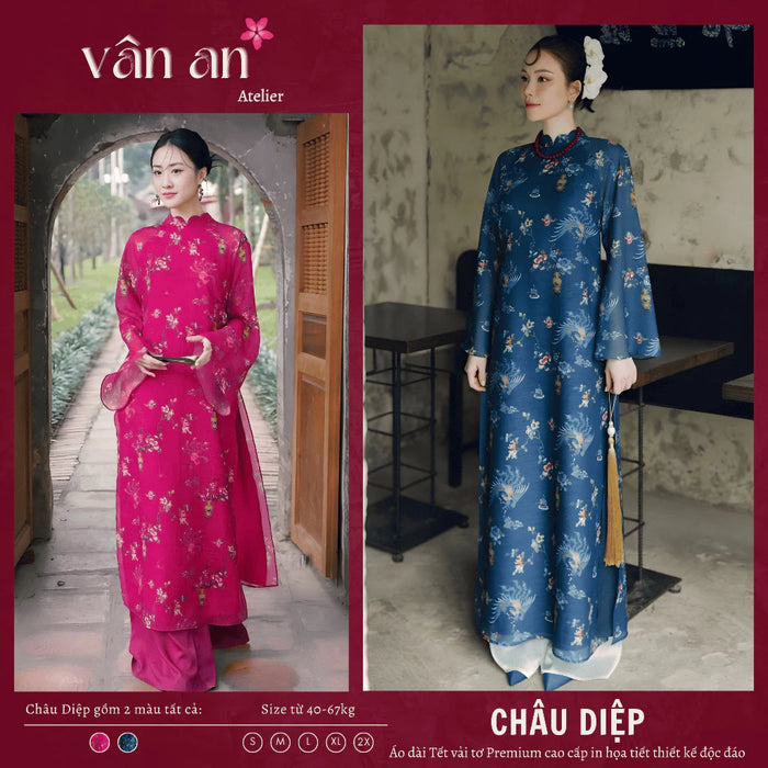 [Freeship] Áo Dài CHÂU DIỆP - Dáng Dài, Tay Dài Với Thiết Kế 4 Tà - Chất Liệu Tơ Premium In Hoạ Tiết