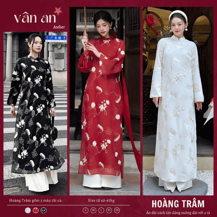 [Freeship] Áo Dài HOÀNG TRÂM - Dáng Dài, Tay Dài, 4 Tà - Chất Liệu Tơ Organza Thêu Hoạ Tiết Kim Tuyến