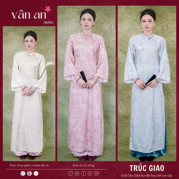 [Freeship] Áo Dài TRÚC GIAO - Thiết Kế Dáng Dài, Tay Dài - Chất Liệu Gấm Lụa Cao Cấp Dệt Họa Tiết Hoa Nổi