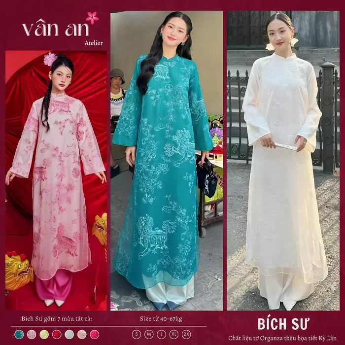 [Freeship] Áo Dài BÍCH SƯ - Dáng Suông, Tay Dài - Chất Liệu Tơ Organza Cao Cấp Thêu Họa Tiết Kì Lân