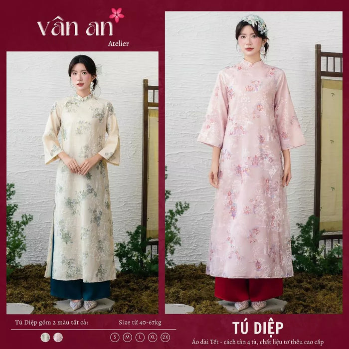 [Freeship] Áo Dài TÚ DIỆP - Cách Tân Dáng Suông, Thiết Kế 4 Tà - Chất Liệu Tơ Cao Cấp In Hoạ Tiết
