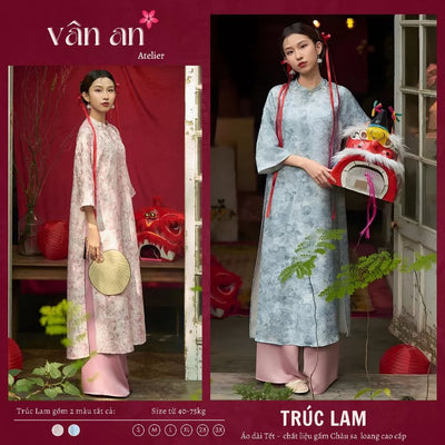 Áo Dài TRÚC LAM - Dáng Suông, Tay Lỡ - Chất Liệu Gấm Dệt Nổi, Đính Charm Hoa Trên Cổ Áo