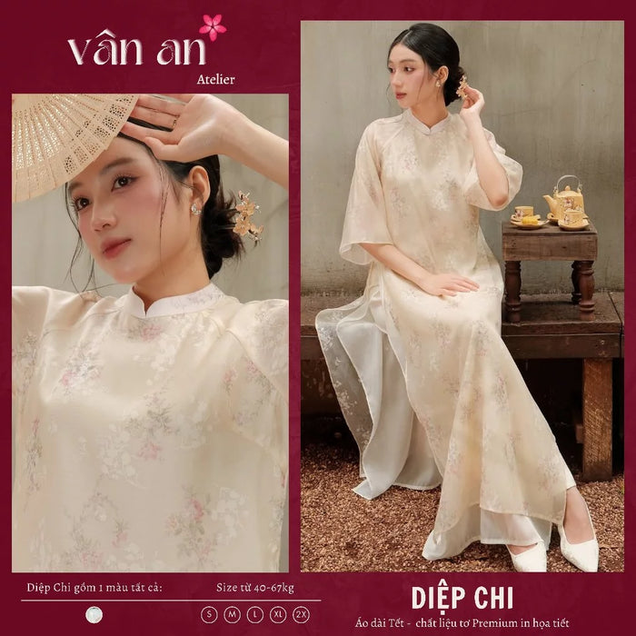 [Freeship] Áo Dài DIỆP CHI - Dáng Suông, Tay Lỡ Với Thiết Kế 4 Tà - Chất Liệu Tơ Premium In Hoa