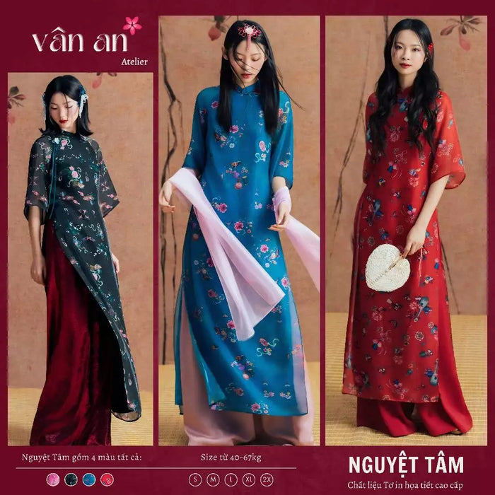 [Freeship] Áo Dài NGUYỆT TÂM - Cách Tân Với Thiết Kế 4 Tà - Chất Liệu Tơ In Hoạ Tiết