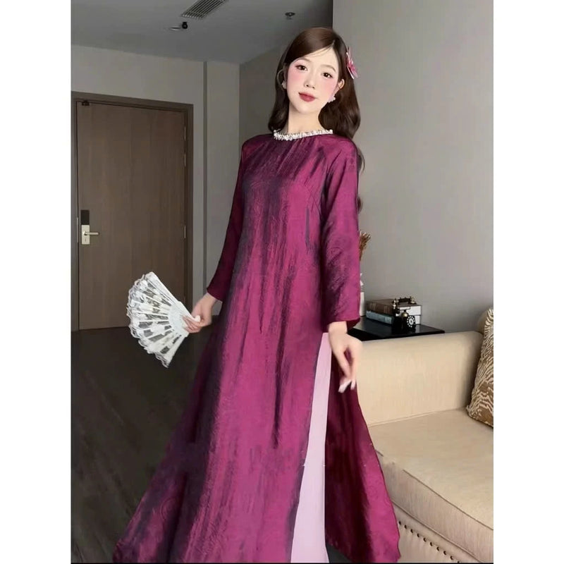 Áo dài dáng suông TƯỜNG XUÂN cổ ngọc tay loe (AK22), áo chất lụa tơ ánh kim nhăn tự nhiên Áo dài Thanh Hiền